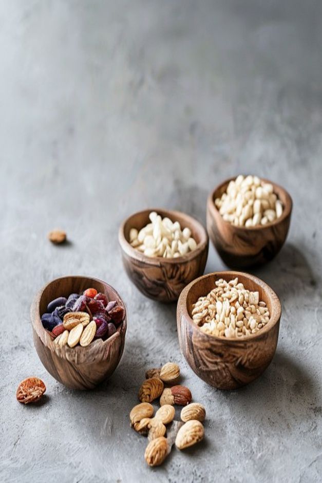 Frukt och nötter på ett keramik fat på en neutral bakgrund